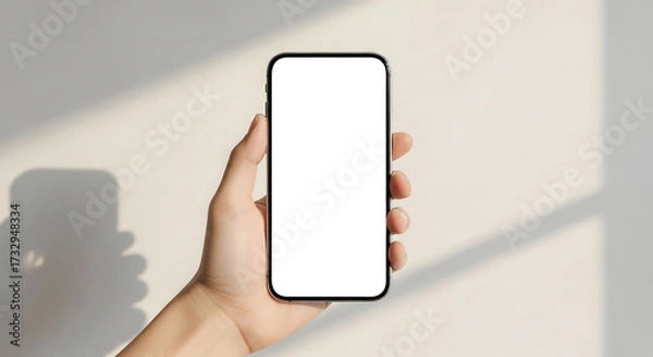 Obraz Hand holding smartphone with blank screen. Modern minimalist style, soft sunlight, clean background