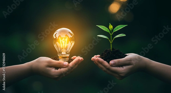Obraz Two hands hold a glowing light bulb and a green plant seedling