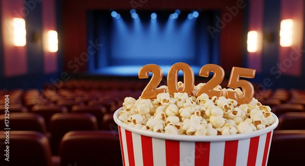 Obraz A bucket of popcorn with '2025' on top in a theater. It evokes anticipation for upcoming movies and entertainment experiences in the year 2025