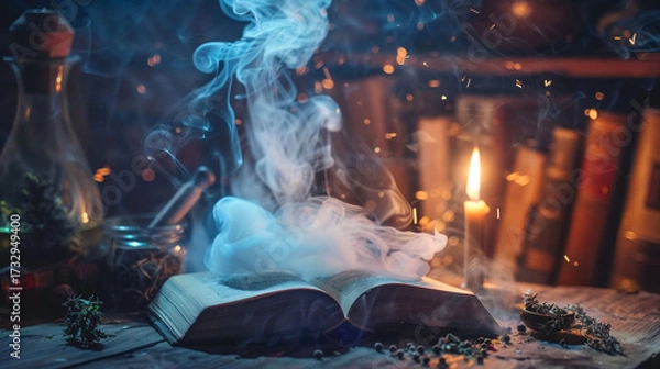 Fototapeta Ghostly spirit with smoke effect materializing from ancient spellbook with magical blue energy during mystical witchcraft ritual surrounded by flickering candles