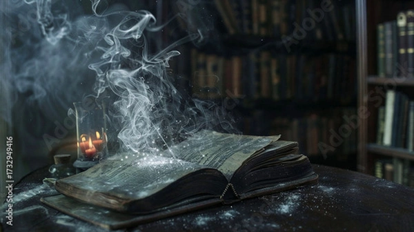 Fototapeta Ancient spellbook with glowing pages releasing magical  white smoke in mystical library setting for dark sorcery rituals. Black magic scene for the background of a wallpaper