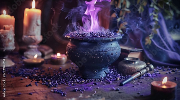 Fototapeta Mystical cauldron bubbling with purple magic potion surrounded by candles and crystals in witchcraft ritual ceremony. Scenario for the background of a magical wicca background with copy space.