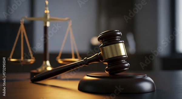 Obraz Gavel and scales of justice on a dark wood surface. Symbols of law, legal system, and court