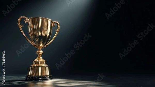 Fototapeta First place gold trophy with backlight on dark background