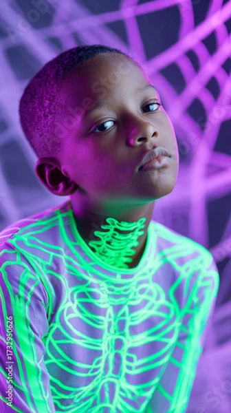Fototapeta Futuristic neon portrait of child in glow-in-the-dark attire