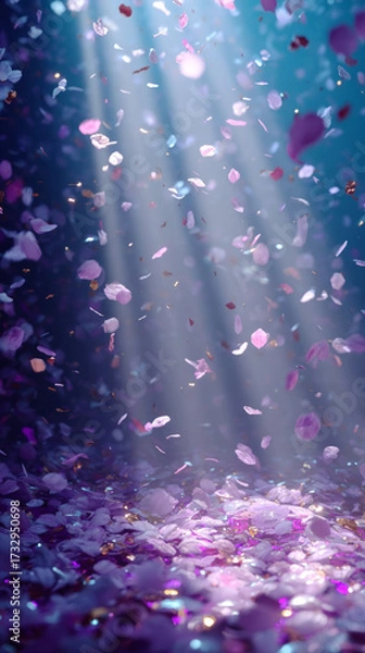 Fototapeta Dreamy celebration confetti falling in soft focus with ethereal light beams