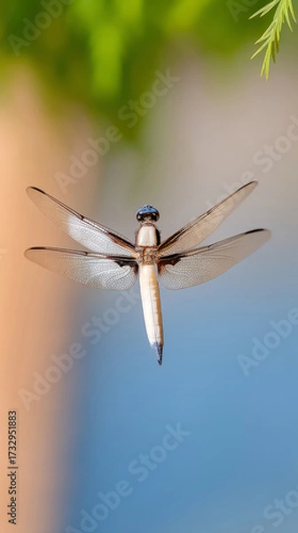 Fototapeta Dragonfly in mid-air with delicate wing movement in natural setting