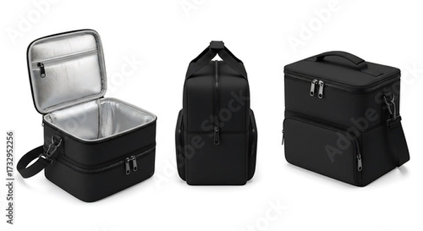 Obraz Stylish black insulated lunch bag, backpack style & tote options. Perfect for work, picnics, or travel. Keeps food and drinks cold or warm