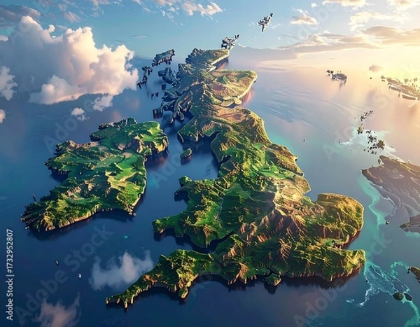 Obraz High-angle, stylized map of the British Isles at sunrise