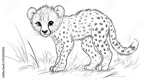 Fototapeta Cheetah cub illustration monochrome standing in grass with spots and texture