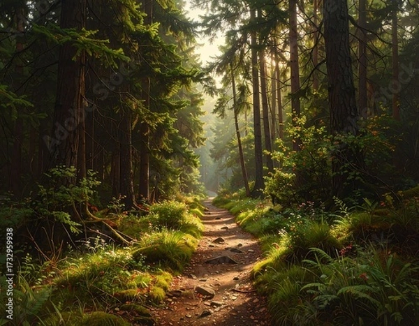Obraz Sunlit path through a dense forest