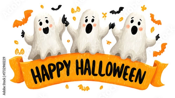 Fototapeta Dancing ghost trio under happy helloween on white