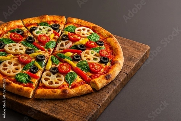 Obraz Vibrant veggie pizza on rustic wood, ideal for health-conscious and sustainable brand campaigns.