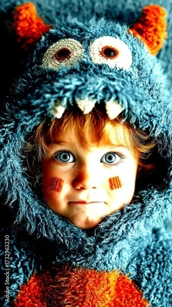 Fototapeta Child in fuzzy monster costume with bright blue eyes and playful expression during indoor playtime - High Contrast