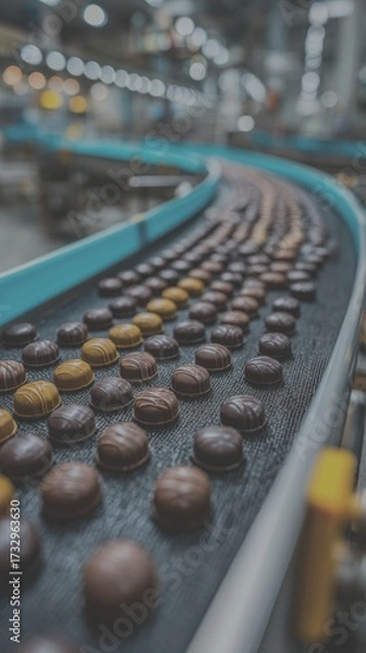 Fototapeta Chocolate candies move along a conveyor belt in a factory during the production process in the afternoon light - Low Contrast