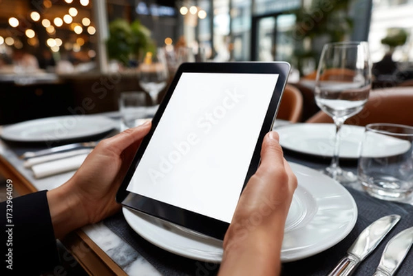 Fototapeta Close-up of hands holding a digital tablet with a blank white mockup screen, placed over a dining table set with plates, glasses, and cutlery in a contemporary restaurant