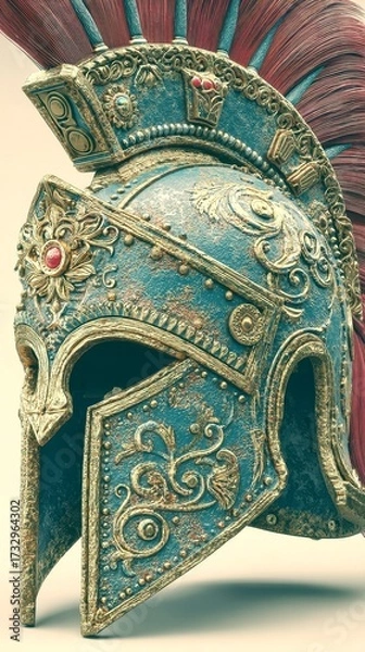 Fototapeta Elaborate Roman helmet adorned with intricate designs and plumes displayed in a modern studio setting