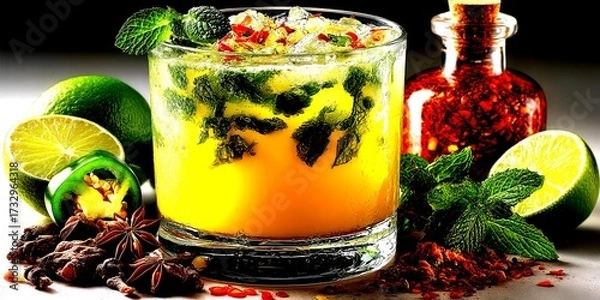 Fototapeta Refreshing tropical cocktail with fresh mint, lime, and spices displayed on a table - High Contrast