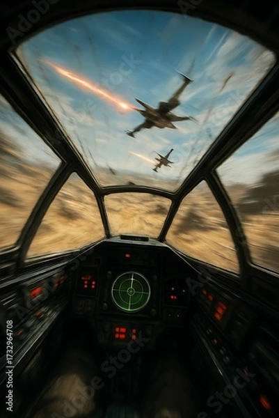 Fototapeta First person view from inside a cockpit of a fighter jet flying over a desert landscape during a battle