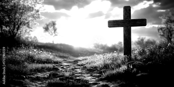 Fototapeta Sunset view over a tranquil path with a wooden cross amidst nature's beauty