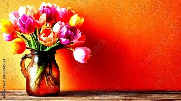 Fototapeta Colorful tulips arranged in a rustic vase on a wooden table against an orange wall in spring - High Contrast