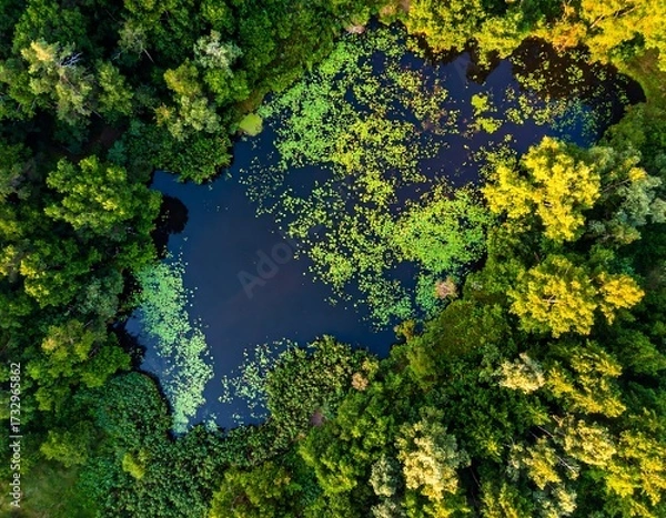 Obraz High-angle view of a pond surrounded by forest (1)