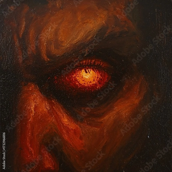 Fototapeta Terrifying Close-Up of Demon’s Burning Eye Socket with Glowing Embers in Old Master Oil Painting Style with Dramatic Shadows