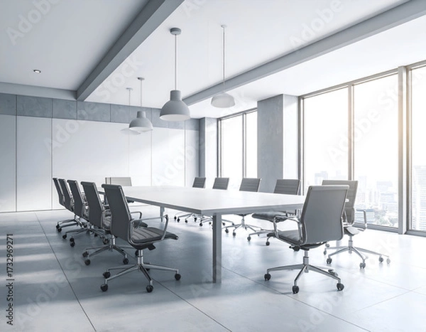 Fototapeta Modern, empty conference room with a long table, office chairs, and large windows overlooking a city skyline, perfect for business meetings.