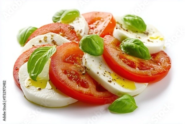 Fototapeta A Vibrant Caprese Salad Featuring Fresh Tomato, Mozzarella, and Basil Leaves Drizzled with Olive Oil for a Refreshing Taste Experience. isolated on white background