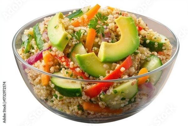 Fototapeta Vibrant Quinoa Salad Featuring Fresh Vegetables and Avocado for a Nutritious and Colorful Meal Option isolated on white background