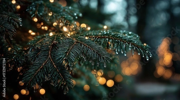 Fototapeta A Close-Up View of Freshly Droplets on Pine Needles Glimmering with Surrounding Soft Glowing Lights in a Winter Forest Scene