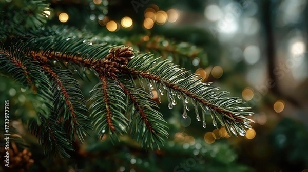 Fototapeta A Close-Up View of Raindrops on a Lush Evergreen Pine Branch, Highlighting Nature's Beauty and the Serenity of a Forest Setting