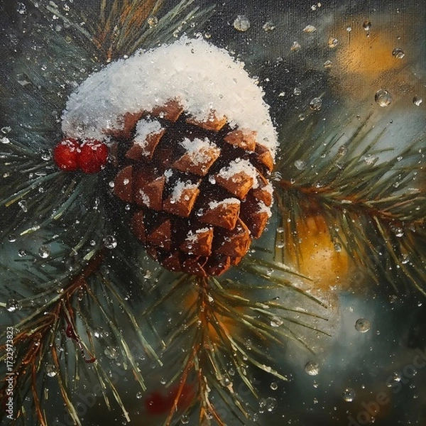 Fototapeta Snow-Covered Pinecone with Red Berries in Festive Close-Up Christmas Oil Painting Style with Warm Light