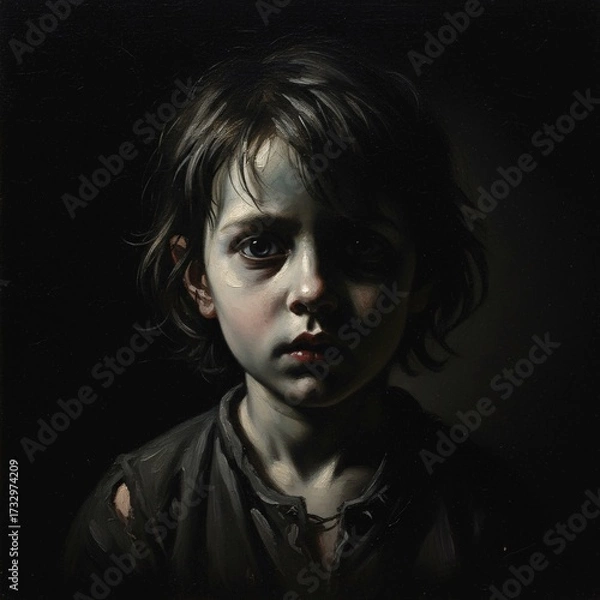 Fototapeta Creepy Close-Up Ghostly Child’s Face Half in Shadow with Unsettling Stare in Old Oil Painting Chiaroscuro Style