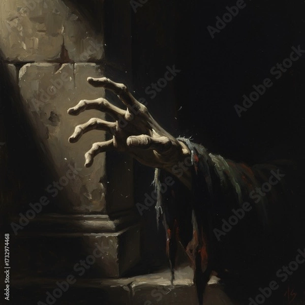 Fototapeta Close-Up Skeletal Hand Emerging from Shadows in Old Master Oil Painting Style with Dramatic Gothic Chiaroscuro
