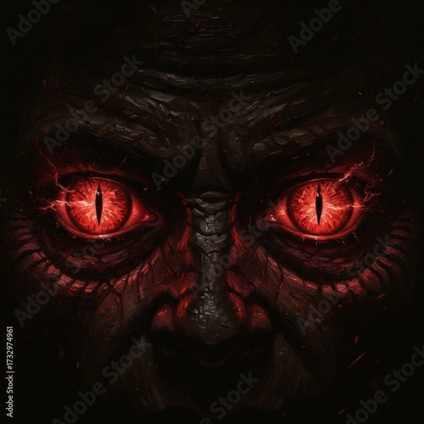Fototapeta Intense Close-Up of Demonic Red Glowing Eyes in Old Master Oil Painting with Dark Shadows and Chiaroscuro Style