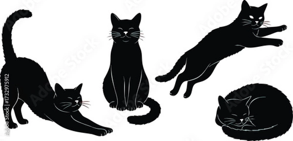 Fototapeta Four black cats in various poses, including stretching, sitting, jumping, and curled up.