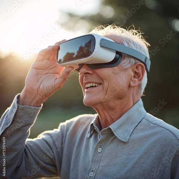 Fototapeta Elderly Man Smiling Outdoors While Using Augmented Reality Glasses with Futuristic Technology for Active Seniors