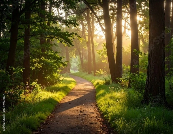 Obraz Sunlit forest path winding through trees