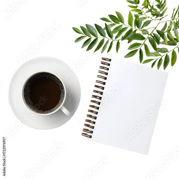 Fototapeta Start your creative day with fresh coffee and a blank notebook ready for your brilliant ideas and plans.