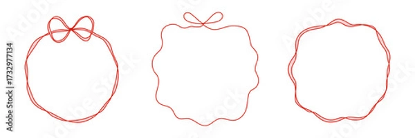 Fototapeta Set circle frames with ribbon and bows with wavy thin lines and space for text. Vintage set of decorative elements of round frames with bows. Cute borders for invitations and holidays 