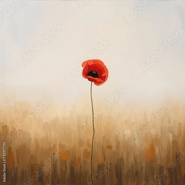 Fototapeta Single Red Poppy Flower Standing Alone in Empty Field in Minimalist Romantic Oil Painting Style