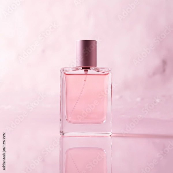 Obraz a glass perfume bottle, pastel pink liquid, frosted background, soft rim lighting, 8 k, high‑detail macro, beauty, fragrance, product photography, cosmetic, elegant, high resolution
