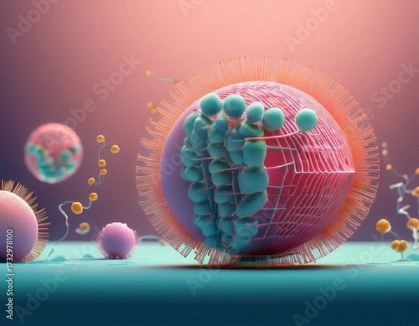 Fototapeta Abstract 3D Render of Biological Cells, Microscopic Structures, and Cellular Division