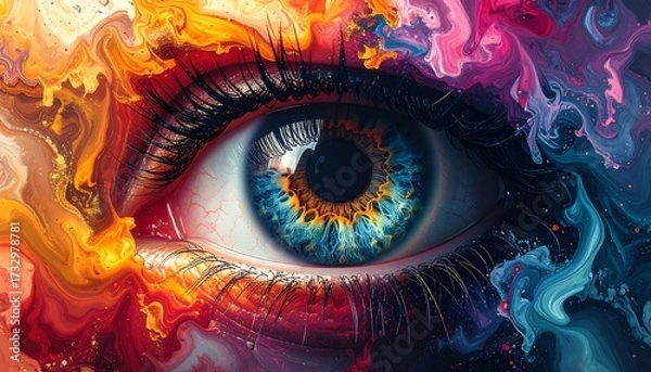 Fototapeta A mesmerizing, close-up view of a human eye where vibrant, swirling colors surround and reflect within the iris, enhancing visual impact