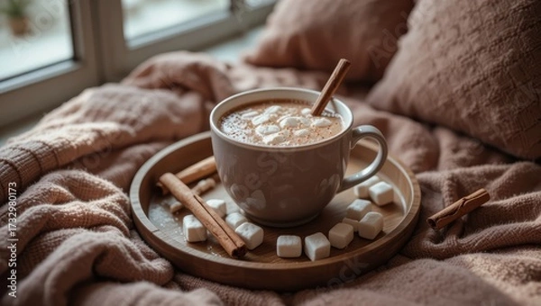 Fototapeta Cozy Cup of Coffee with Cinnamon Sticks and Sugar on a Wooden Tray in a Warm Bedroom Setting