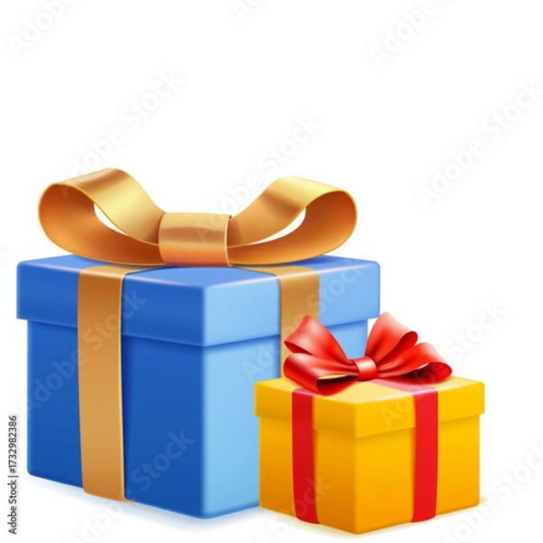 Fototapeta A digital illustration of two gift boxes, one blue and one yellow, with ribbons and bows on a white background.