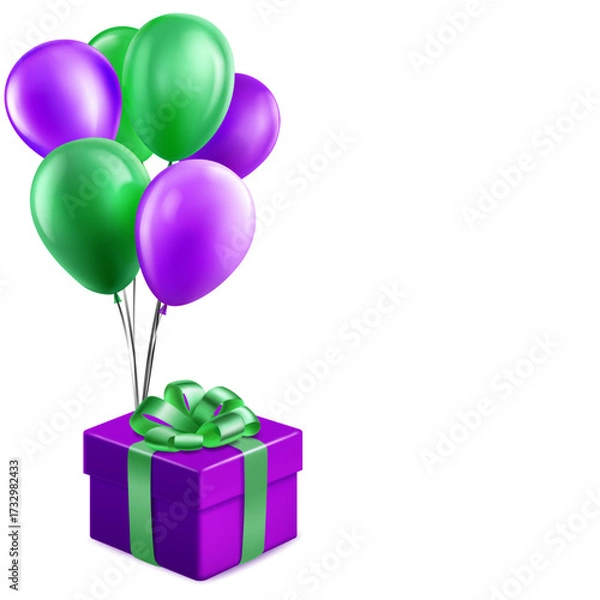 Fototapeta A purple gift box adorned with a green ribbon and topped with green and purple balloons, set against a white background, in a realistic digital illustration style.