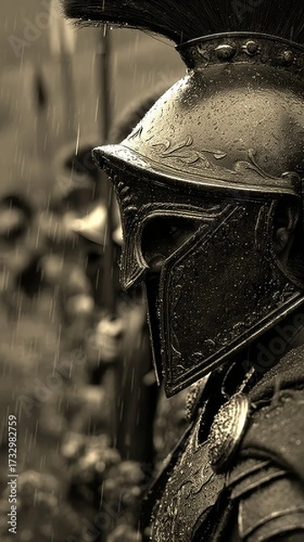 Fototapeta Warrior in ancient armor stands under rain amidst flowers in a historical battlefield setting