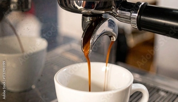 Fototapeta Close-up of rich espresso pouring into a white cup, showcasing the perfect coffee shot